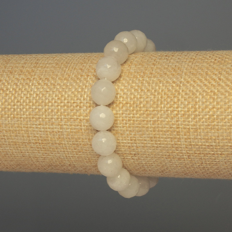 Bracelet of White Quartz, Faceted Bead, 10mm Diameter, 18mm Length, Stretch