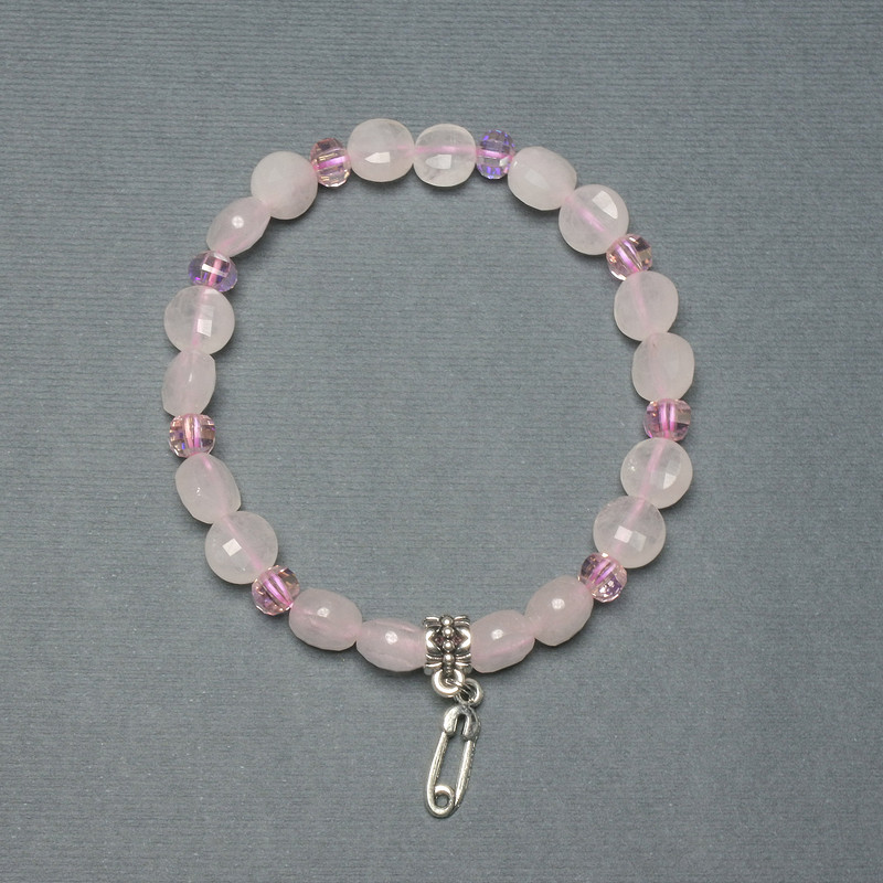 Bracelet Pink Quartz Coin Beads 8mm+-, Thickness 5mm+-, Czech Crystal Rondelle 5x4, 5mm+-, Length 18mm+- Stretch
