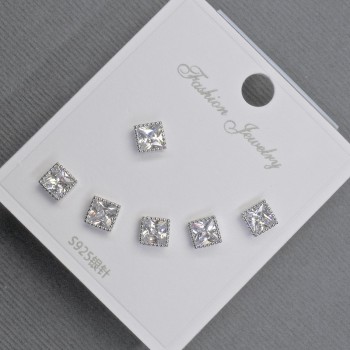 5mm+ Silver-Tone Metal Stud Earrings with White Crystals