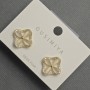 Clover-shaped Stud Earrings with Cat's Eye Stone, 14 mm ±, White Crystals, Gold-Tone Metal