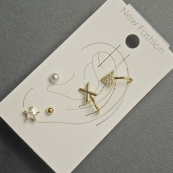 Stud Earrings and Ear Cuffs for the Earlobe in Gold-Tone Metal with White Crystals