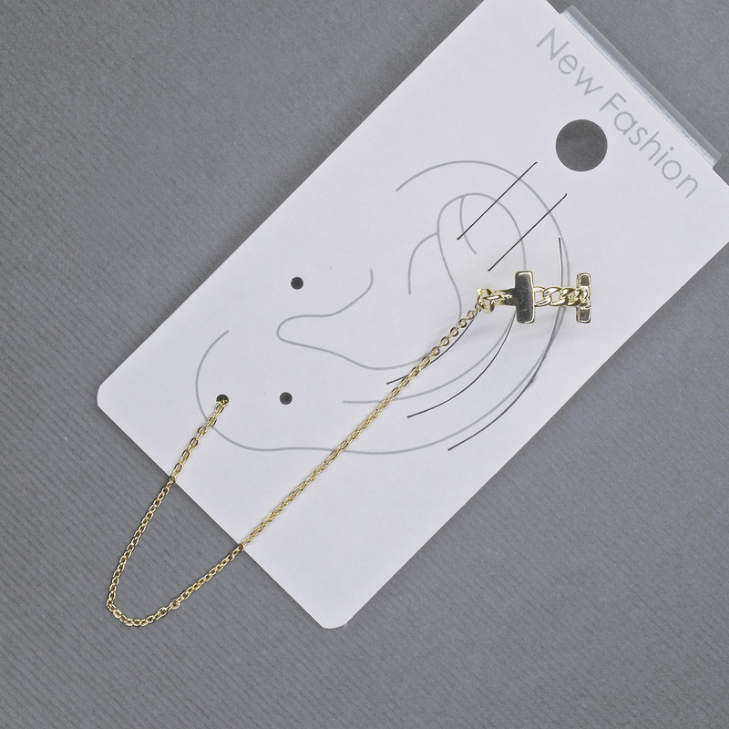 Gold-tone cuff earring for the earlobe, 6x13 mm, length 10.5 cm, white crystals