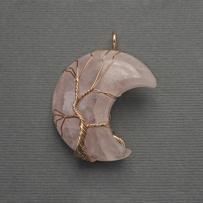 Moon Pendant with Pink Quartz in Golden Filigree, diameter 35 mm ±, length 45 mm ±