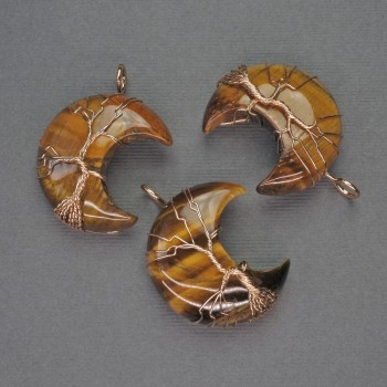 Moon Pendant with Tiger's Eye in a Gold-Tone Braided Setting, diameter 35mm ±, length 45mm ±