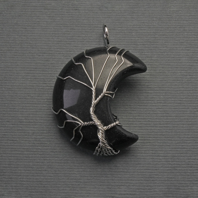 Moon Pendant with Agate in Silver-Plated Setting, diameter 35mm ±, length 45mm ±