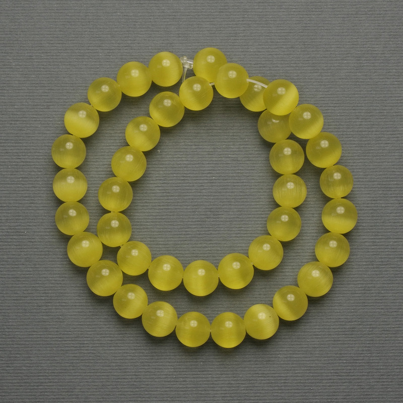 Beads Cat's Eye Yellow (Imitation) Smooth Sphere, Diameter 10mm, on Thread, Length 38cm+