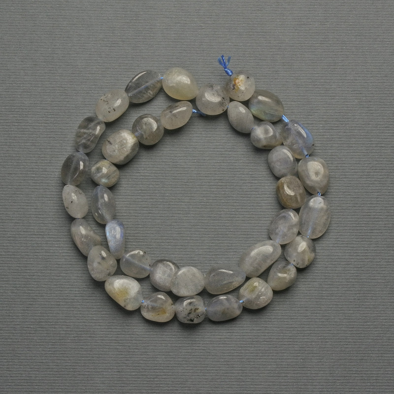 Labradorite Faceted Beads, diameter 10–12 × 9 mm, on a thread, length about 40 cm+