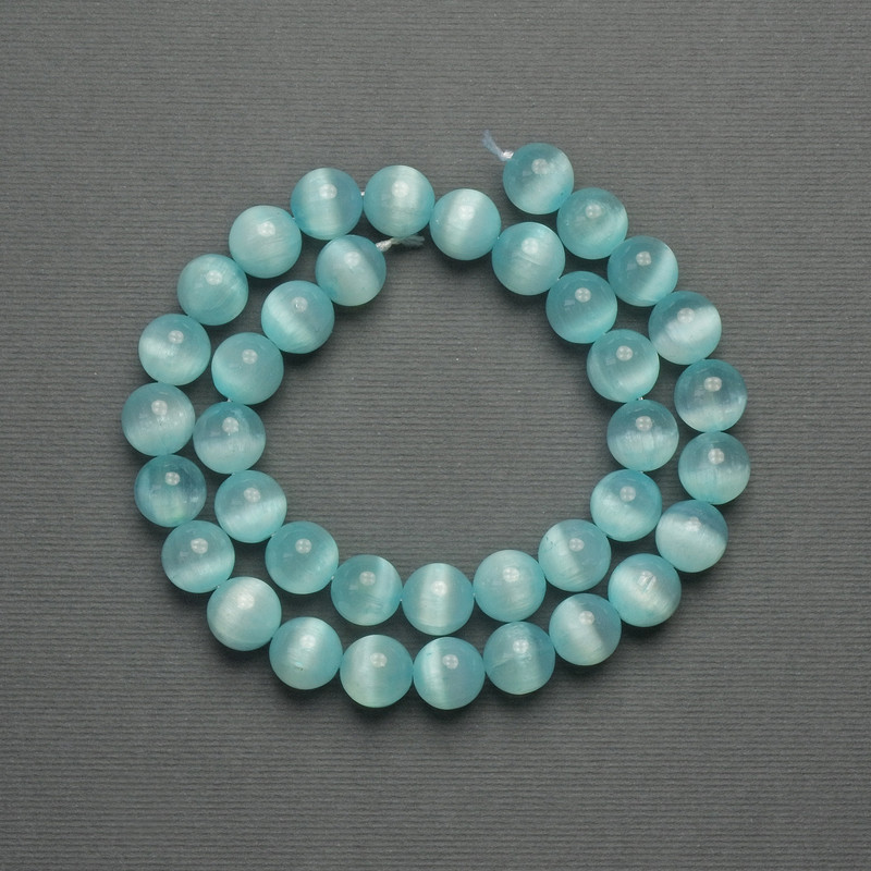 Blue Cat's Eye Beads, Synthetic Stone, Smooth Round Bead, 10 mm Diameter, On Thread, 39 cm Long