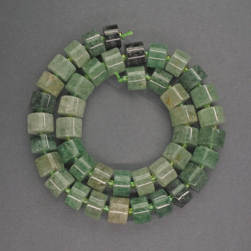 Green cylindrical aventurine beads, diameter 11×6 mm ±, seed beads diameter 3 mm ±, length 40 cm ±