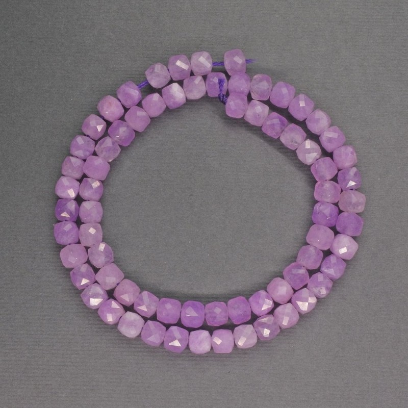Kunzite natural gemstone beads, faceted cube-cut, 5 mm diameter, 37 cm length