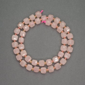 Beads of natural stone Pink quartz faceted cube, diameter 7mm±, seed beads diameter 3mm±, length 39cm+