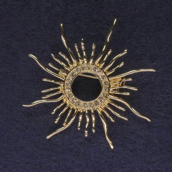 Sun Brooch with White Crystals, Gold-Toned Metal 48mm+