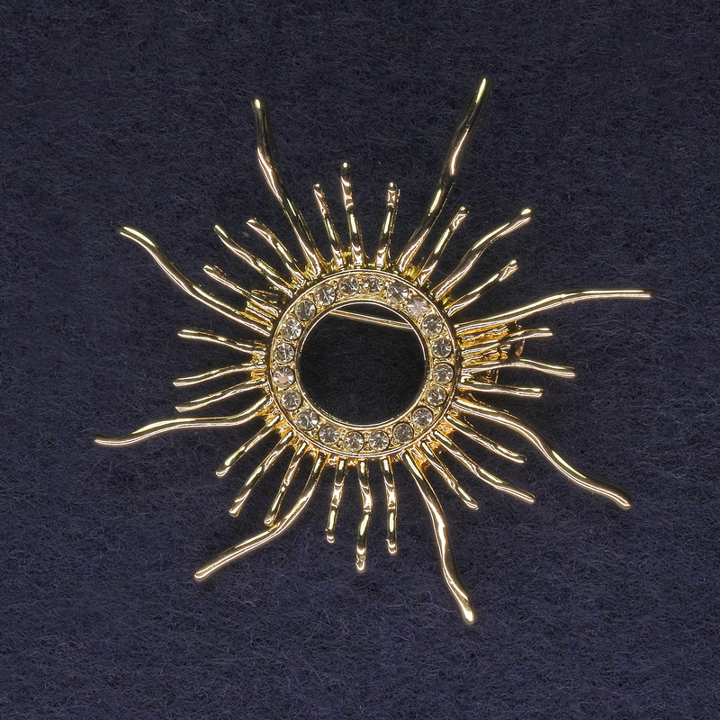 Sun Brooch with White Crystals, Gold-Toned Metal 48mm+