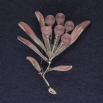 Twig Brooch with Pink Cat's Eye, Pink Enamel, Silver-Toned Metal, Diameter 52×47 mm