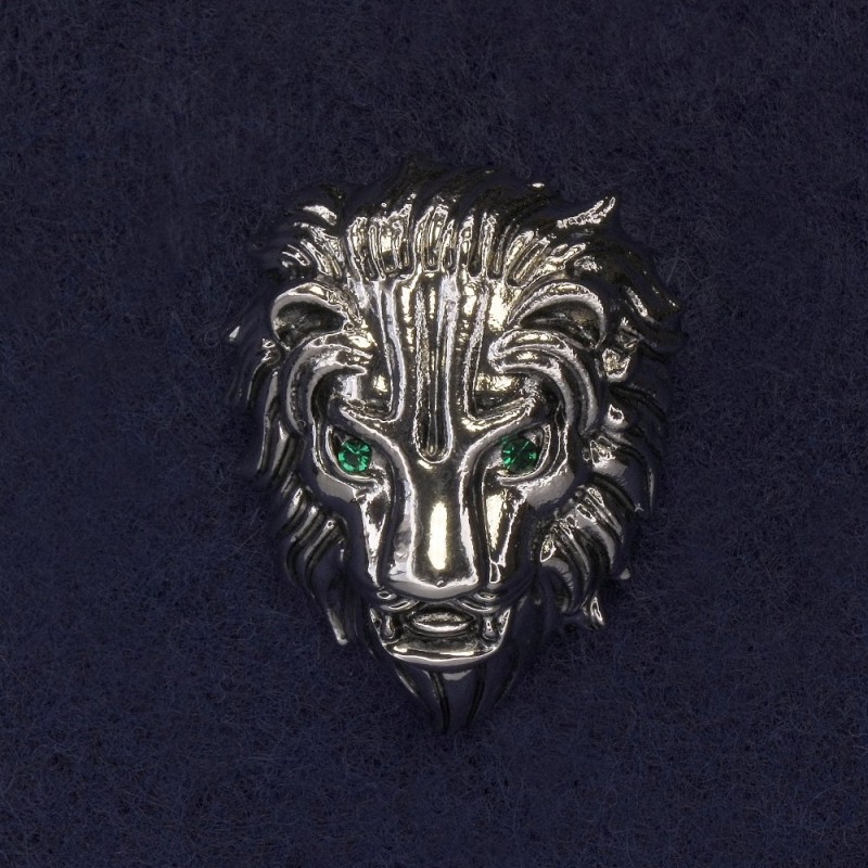 Lion Brooch with Green Crystals, Silver-Toned Metal, Diameter 28×22 mm +