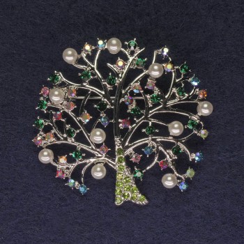 Brooch Tree with Crystals and Pearls, Silver-Colored Metal, 46mm Diameter +