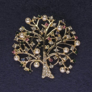 Brooch Tree with rhinestones and pearls, gold-tone metal, diameter 46mm +