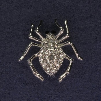 Spider Brooch with White Crystals, Silver-Toned Metal 29x29 mm+