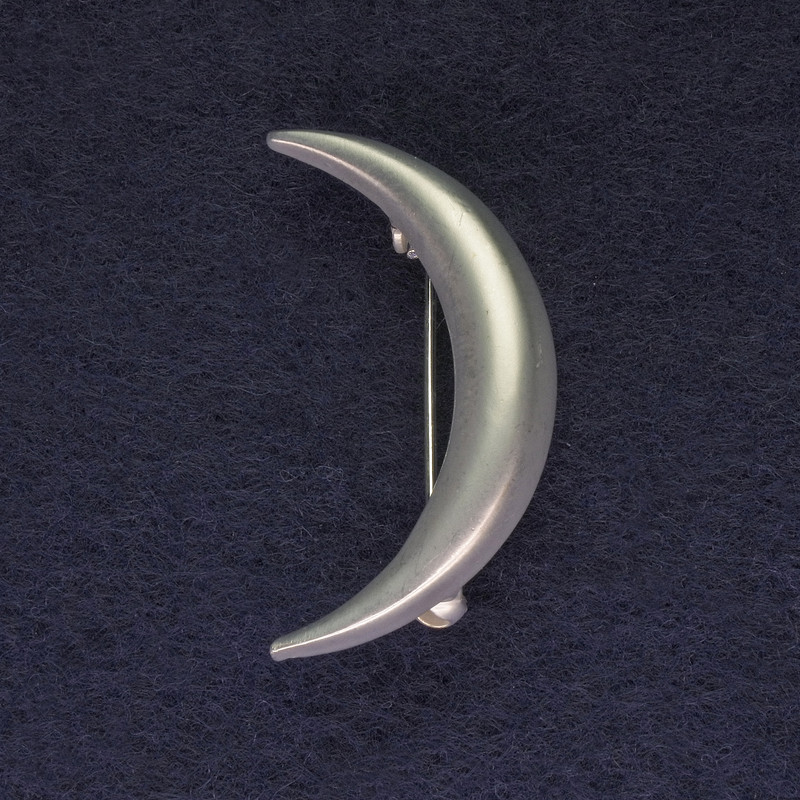 Moon Brooch, matte silver color, silvery metal, 34mm+