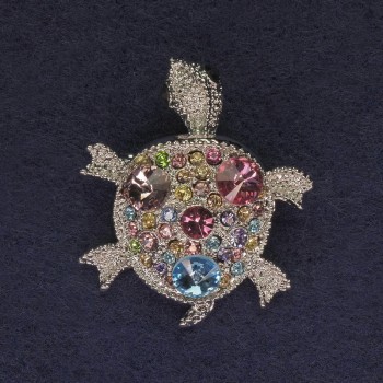 Turtle Brooch, silver color, multicolored rhinestones, silver-toned metal, 36x31 mm+