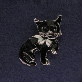 Cat Brooch, Black enamel, Black crystals, Silver metal, 40x23mm+
