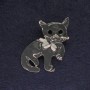 Cat Brooch, Gray Enamel, Black Crystals, Silver-Colored Metal, 40×23 mm+