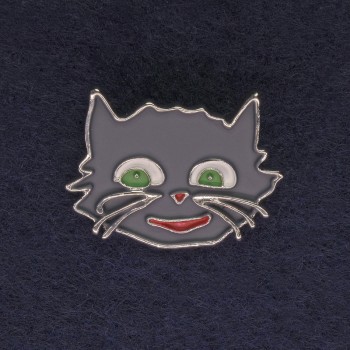 Cat Brooch gray enamel silver-tone metal 27x22mm+