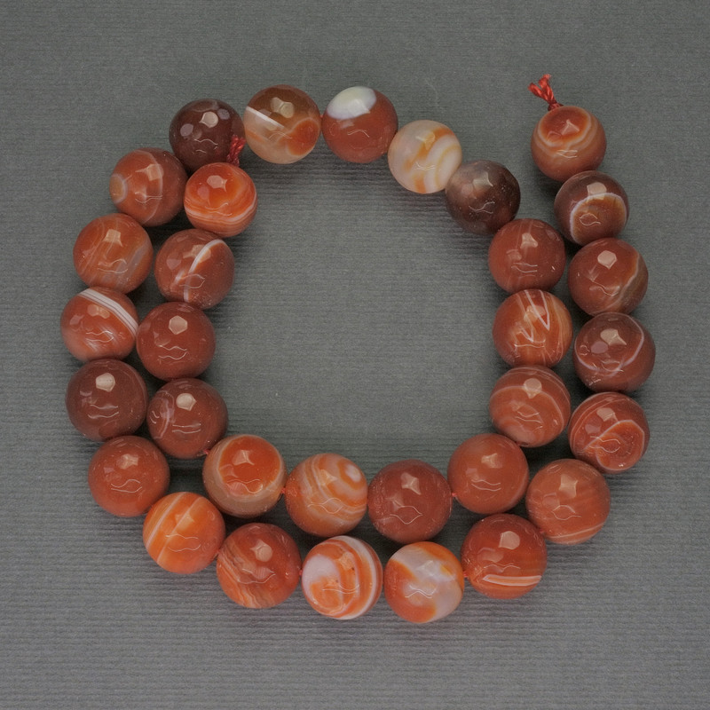 Sardonyx Beads, Natural Stone, Faceted Sphere, 12mm Diameter, 37cm Length