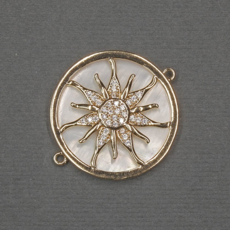 Connector 'Sun' with natural mother-of-pearl 25x30x3 mm ± golden-toned metal