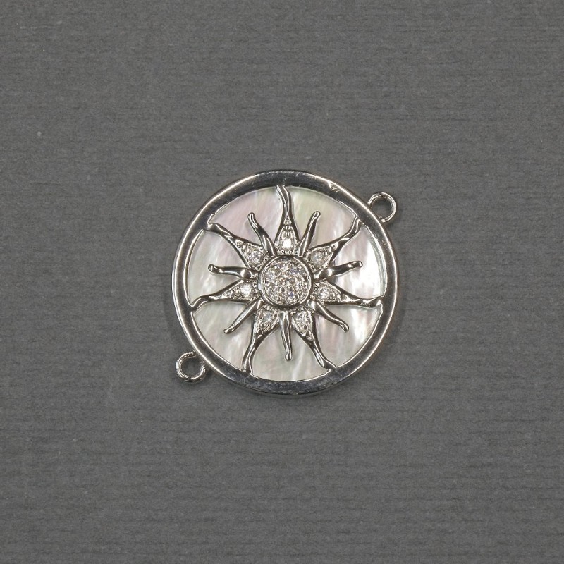 Connector Sun with natural mother-of-pearl 18x22x3mm and silvery metal