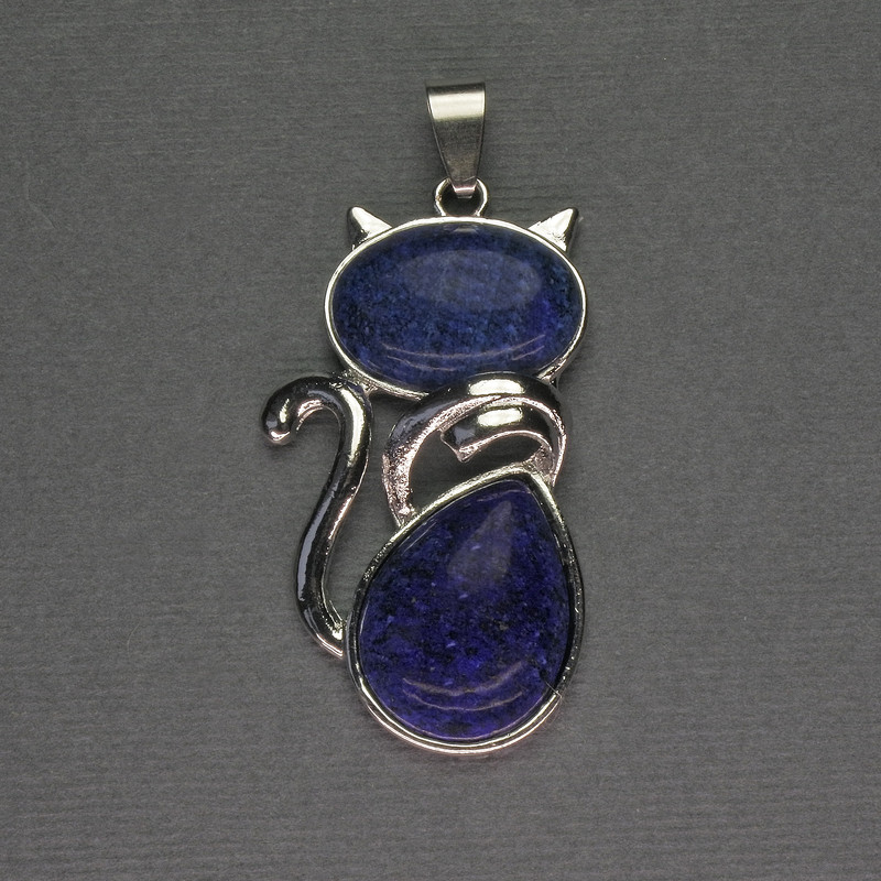 Cat Pendant with Lapis Lazuli 25×51 mm ± Silver-Toned Metal