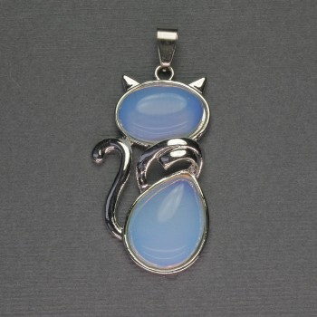 Cat Pendant with Moonstone 25x51mm - Silver-Toned Metal