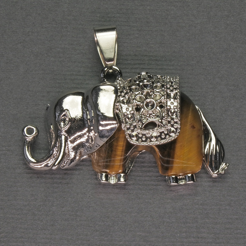 Elephant Pendant with Tiger's Eye, 39×34 mm, silver-toned metal