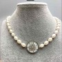 Freshwater Pearl Necklace with Oval Pearls, 10×7 mm, Sun Inset in Mother-of-Pearl, 25 mm Diameter, Length 46 cm, with Silver-Colored Metal Clasp