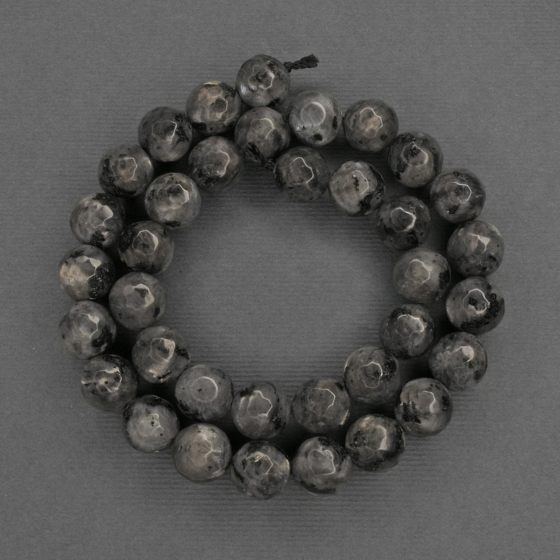 Larvikite Beads, Faceted Ball, 10mm Diameter ± on Thread, Length 38cm±