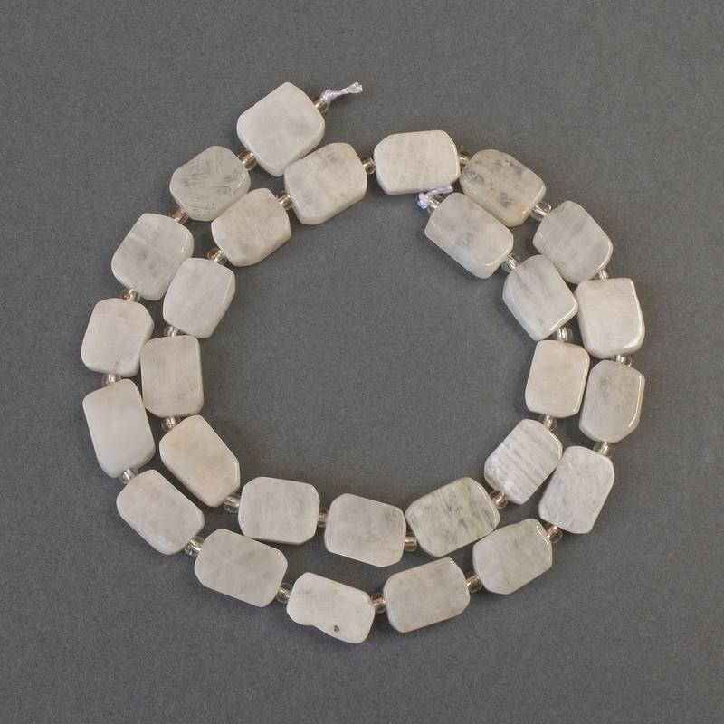 Moonstone adularia beads, rectangular-cut, 10-12×9 mm +/-, with 3 mm seed beads +/-, length 39 cm +/- on thread
