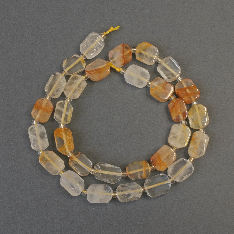 Beads of Yellow Fire Quartz, cut rectangular, 11-14×7-10 mm ±, with 3 mm seed beads ±, 39 cm length on thread