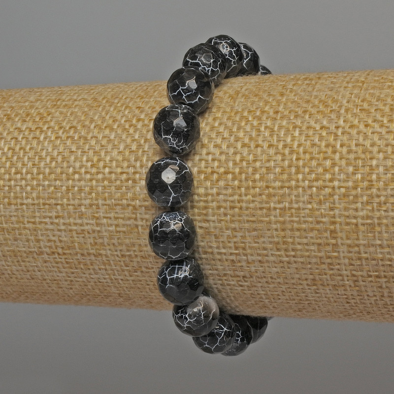 Bracelet of Black Fire Agate - Faceted Bead, diameter 9.5 mm, length 18 mm, stretch