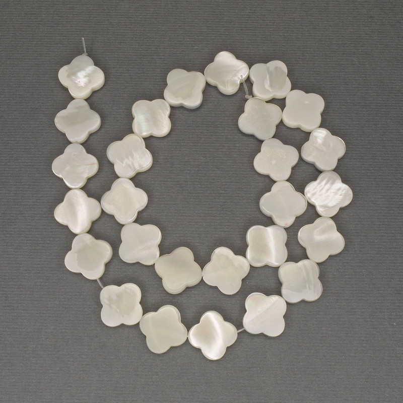 Mother-of-Pearl Clover Beads, 14 mm diameter, 38 cm length on beading thread