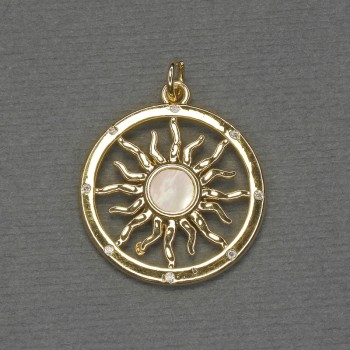 Pendant Nacre Star with White Crystals on Gold-Toned Metal, Diameter 22mm, Length 28mm