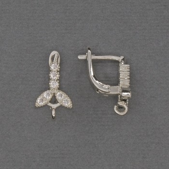 Ear wires for earrings with white rhinestones, silver-tone metal 16x3x9mm - pair