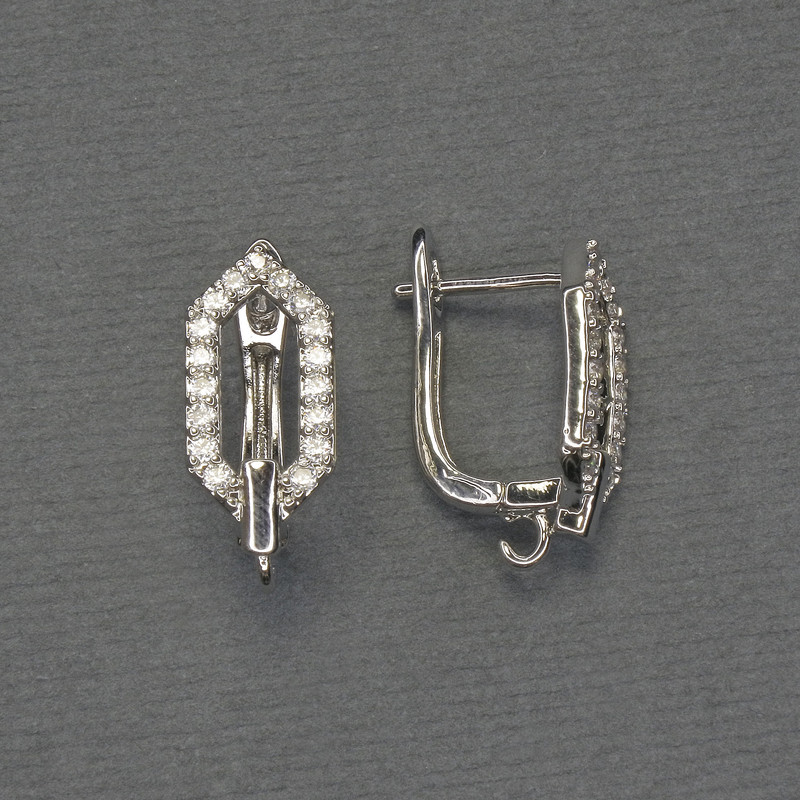 Silver-tone earring hooks with white crystals, 17x8 mm - pair