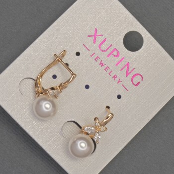 Xuping Earrings with White Crystals and Mallorca Pearl, 8mm Diameter, 18mm Length, 18K Gold Plating