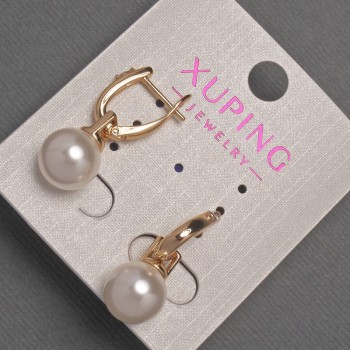 Xuping Earrings with White Crystals and Majorca Bead, 10 mm Diameter, 26 mm Length, 18K Gold Plating