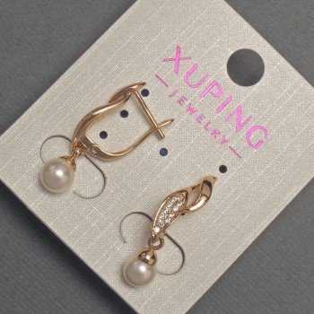 Xuping Earrings with White Crystals and Majorca Pearl, 6 mm Diameter, 27 mm Length, 18K Gold Plating