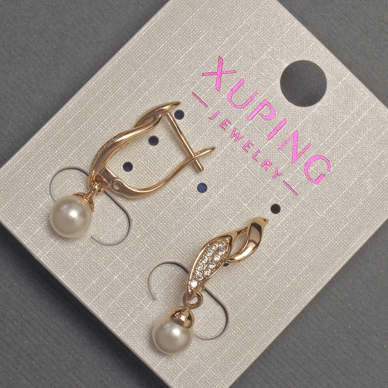 Xuping Earrings with White Crystals and Majorca Pearl, 6 mm Diameter, 27 mm Length, 18K Gold Plating