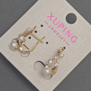 Xuping Earrings with White Crystals and Mallorca Beads, diameter 5-4-3 mm, length 20 mm, 18K Gold Plating