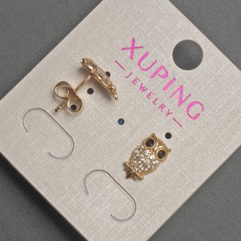 Xuping Owl Stud Earrings with White and Black Crystals, diameter 7 mm, length 12 mm, 18K Gold Plating