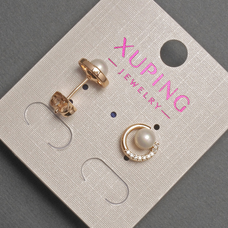 Xuping Stud Earrings with White Crystals and Pearl, 5 mm diameter, 10 mm length, ± 18K Gold Plated