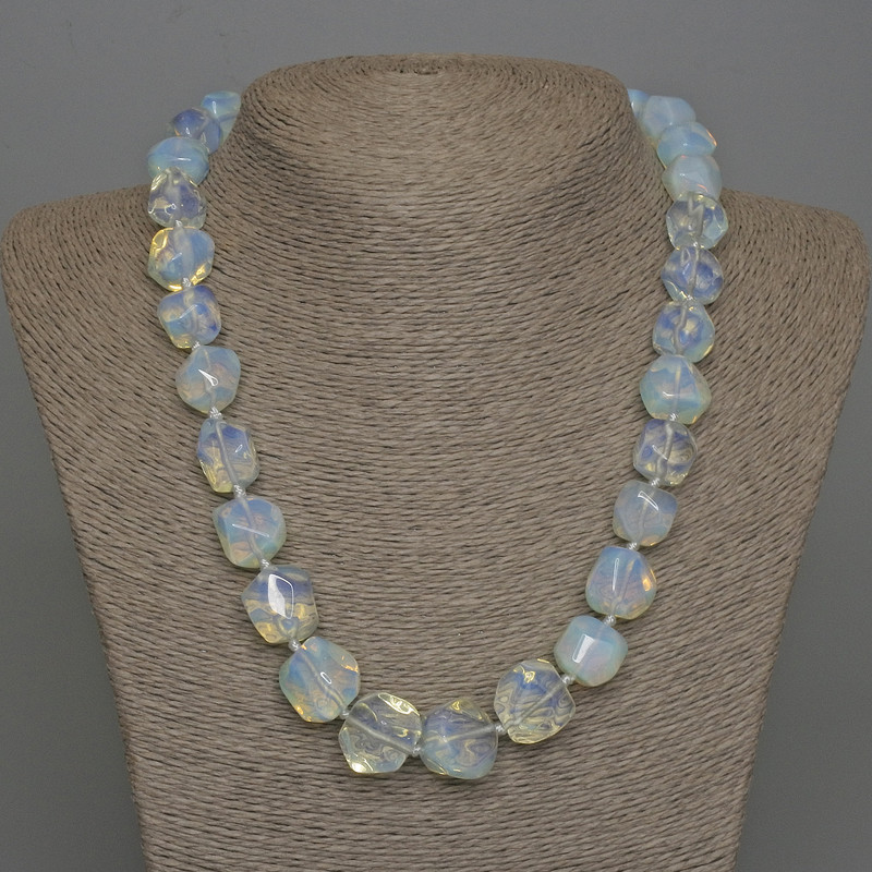Moonstone necklace with natural stones, faceted gems, diameter 13-15×12-15 mm ±, with extender and clasp, length 50 cm+